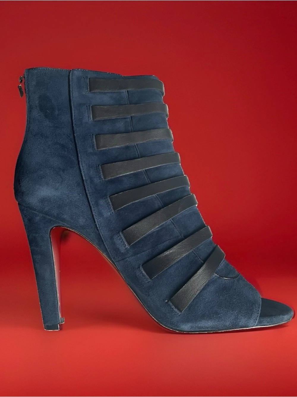 Karl Lagerfeld "Gaby" Blue Suede Peep-Toe Strappy Caged High Heel Booties Sz 10